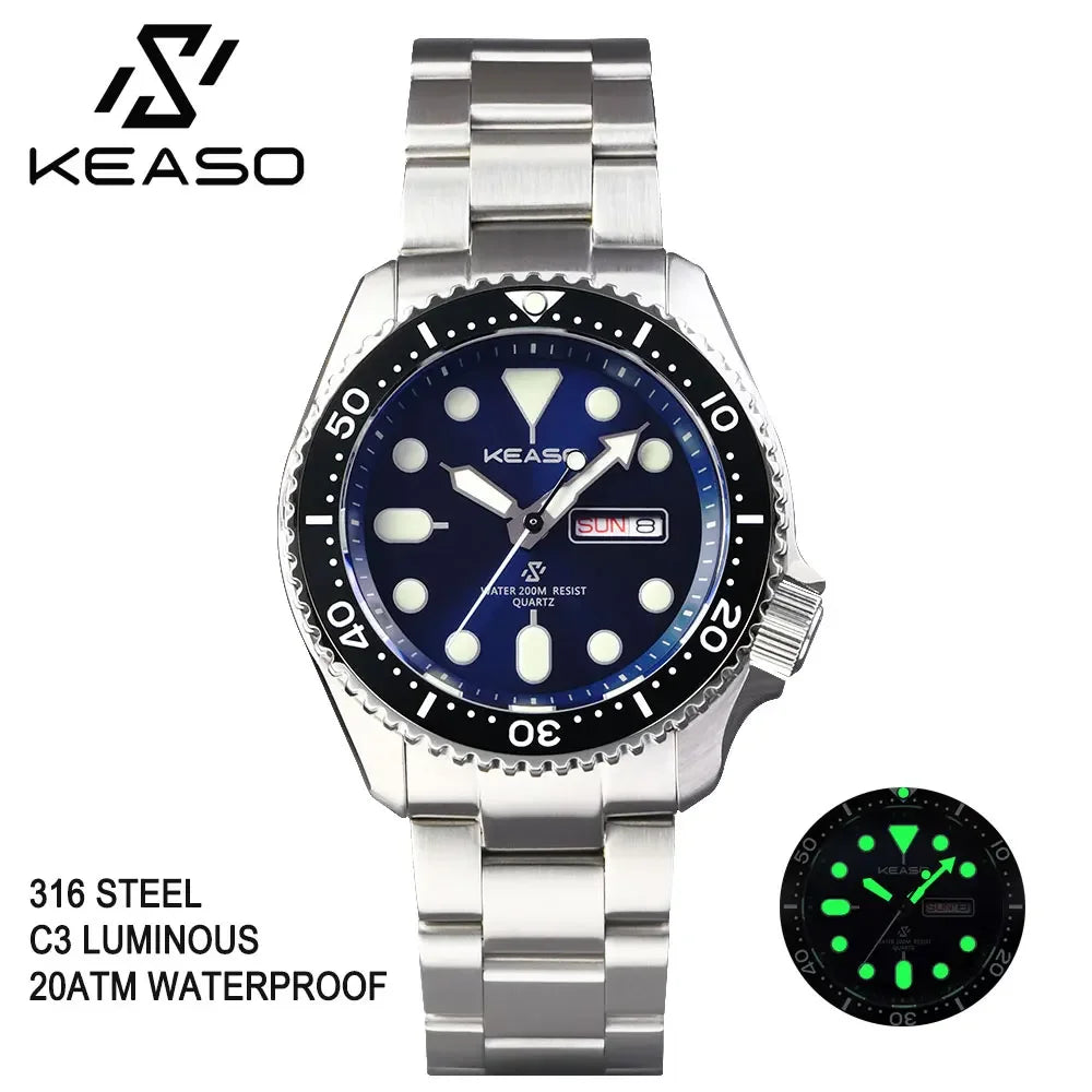 Beautiful KEASO Tribute Dive Watch with high specs — 200M, Sapphire, MIYOTA 2035 Quartz, Bright Bold Dial Options