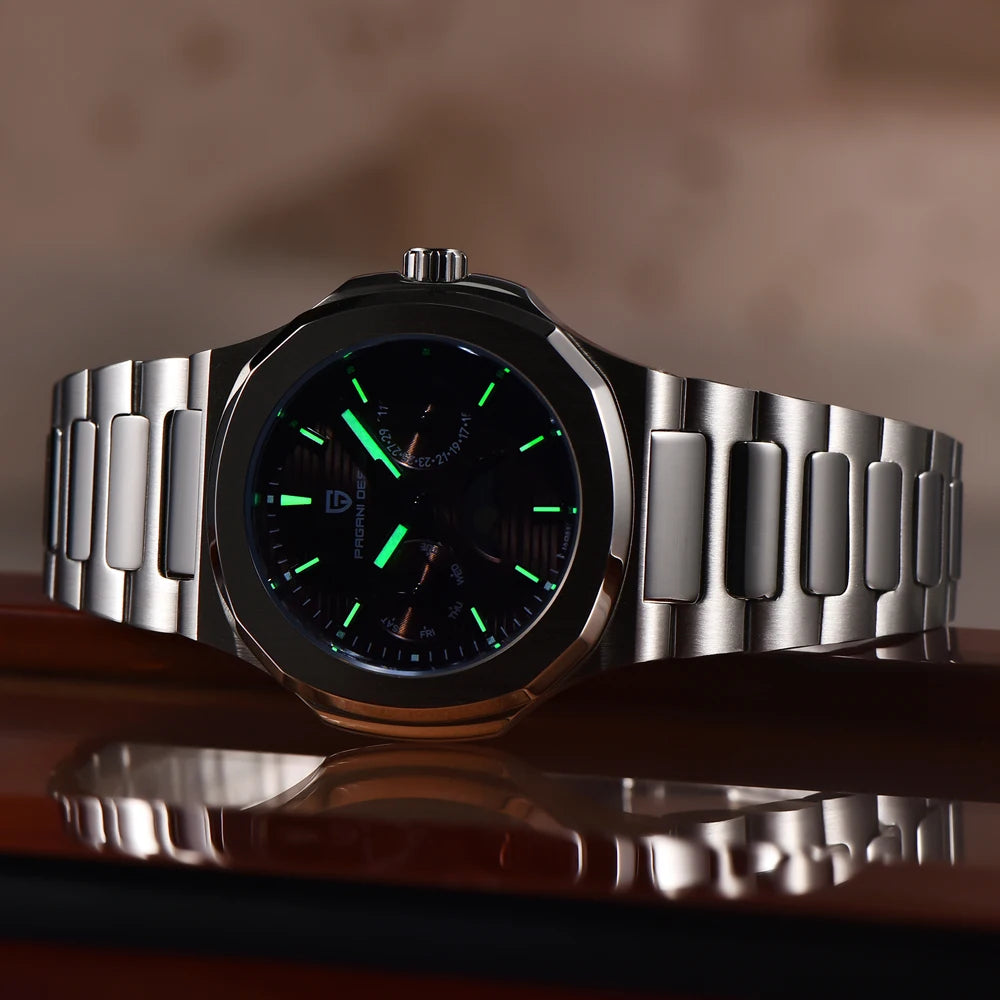 Stand Out Pagani Design PD-1786 — Women's Quartz Watch, Moon Phase & Day-Date, Ceramic Bezel [Multiple Colour Options]