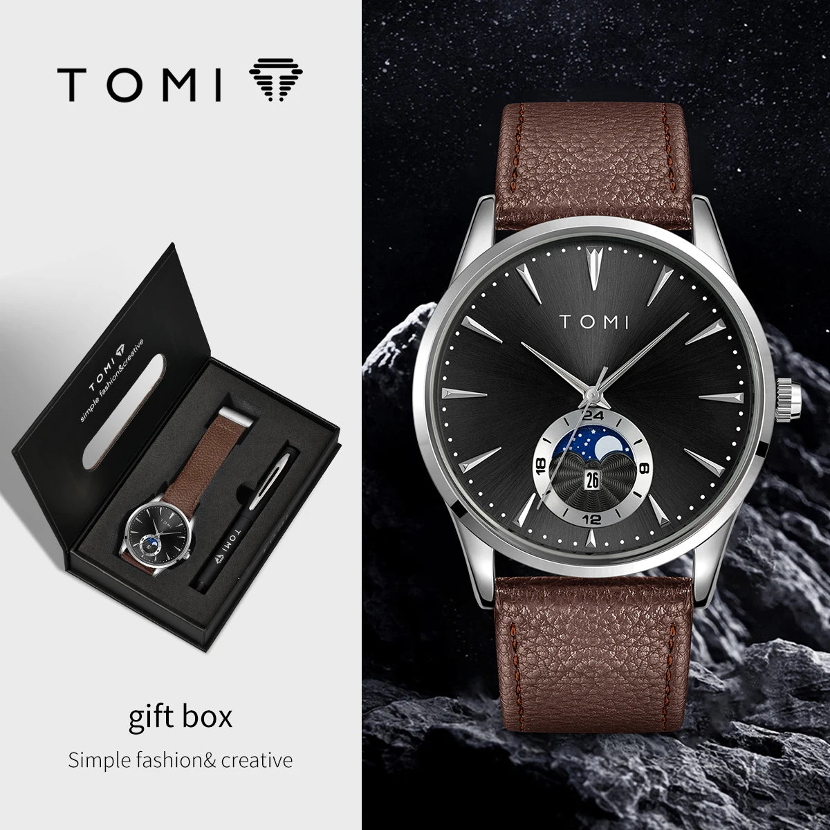 TOMI Men's Watch & Pen Gift Set — Sun & Moon Dial, Business Style, Boxed for Gifting [Colour Options]