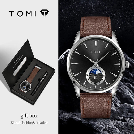 TOMI Men's Watch & Pen Gift Set — Sun & Moon Dial, Business Style, Boxed for Gifting [Colour Options]