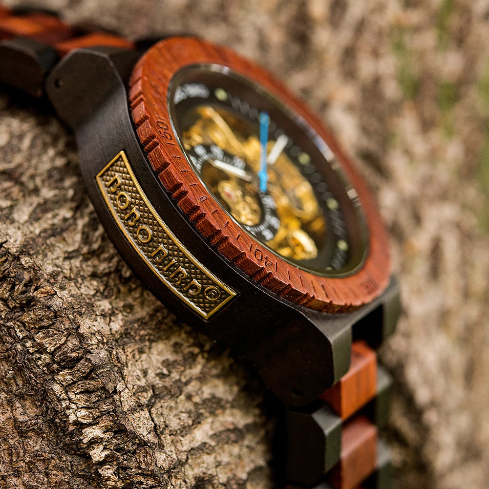 BOBO BIRD Wooden Skeleton Watch – Automatic Mechanical Men's Watch, Genuine Wood Case & Strap, Gift Box Included – The Natural Choice