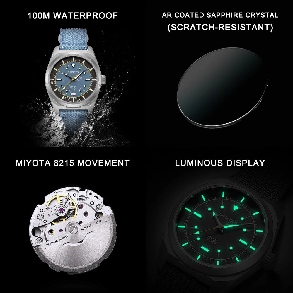 CADISEN TI-7 Autodyne Canvas Strap  — Genuine Titanium Automatic Watch, Sapphire Crystal, Miyota 8215
