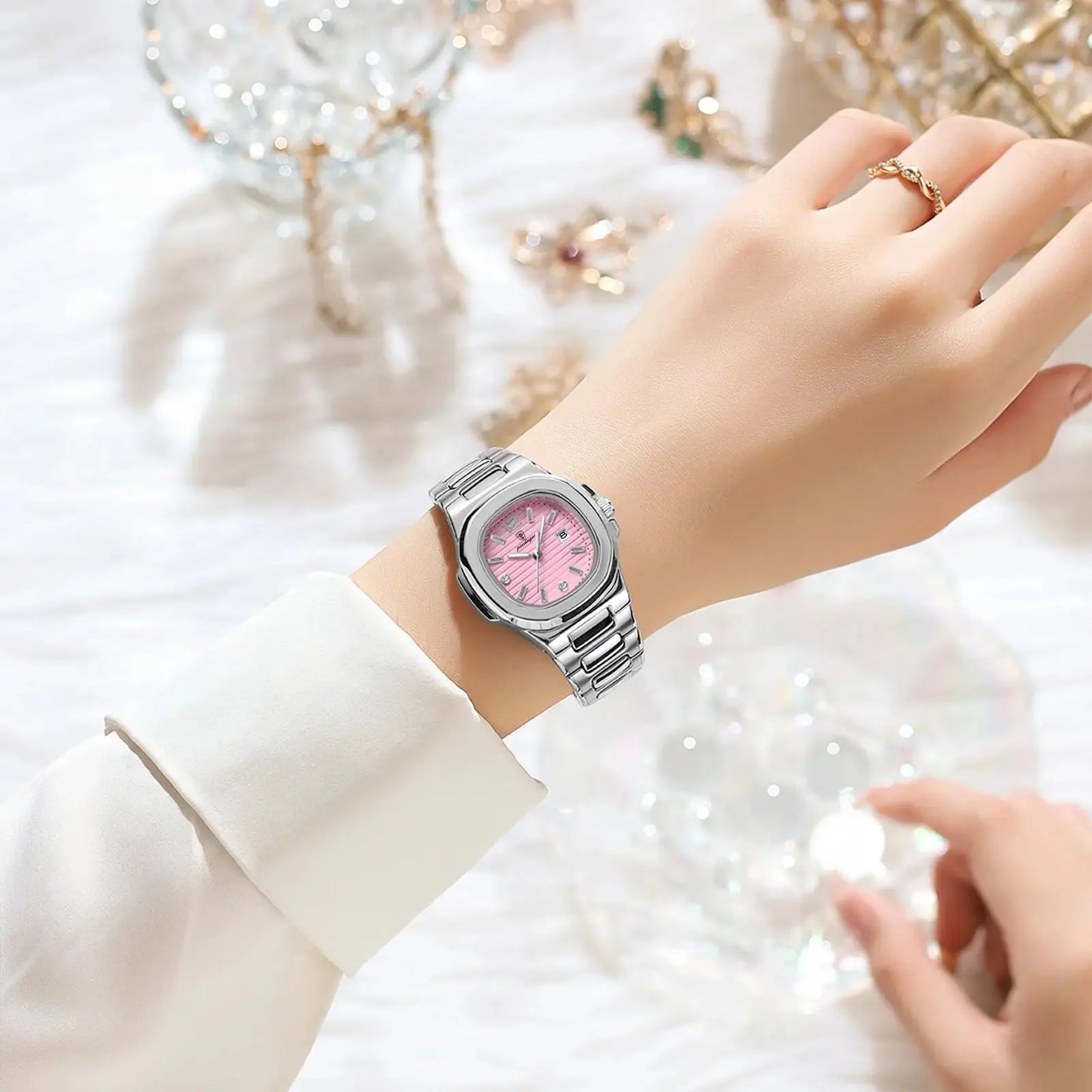 Eye Catching POEDAGAR 789S-WH — Women's Square Watch, Looks Far More Expensive Than Its Price, Luminous & Date [Silver & Rose Gold Options]