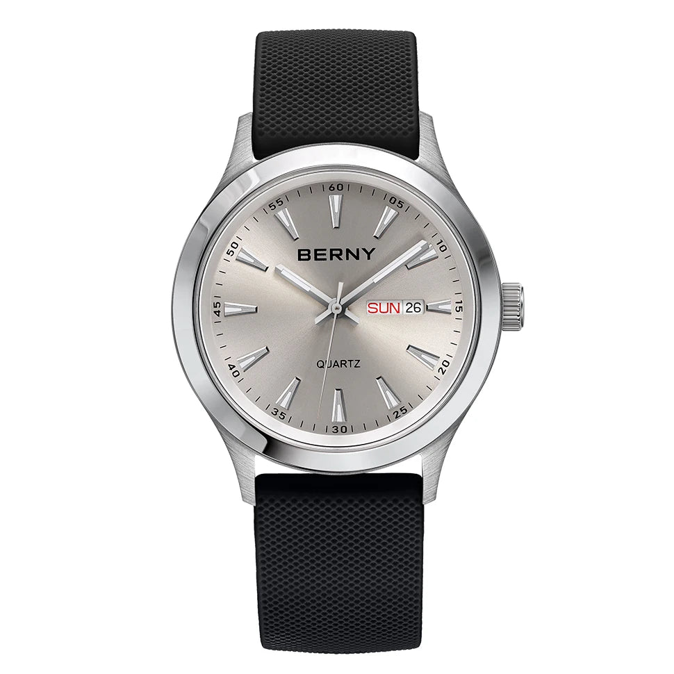 Beautiful  BERNY Everyday Watch — Complete Calendar, Genuine Japanese Movement, Silicone Strap