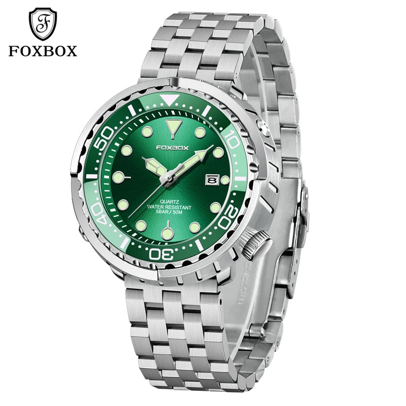 FOXBOX Shrouded Dive Watch — 50m Water Resistant, Auto Date, Luminous [Silicone & Metal Strap / Colour Options]