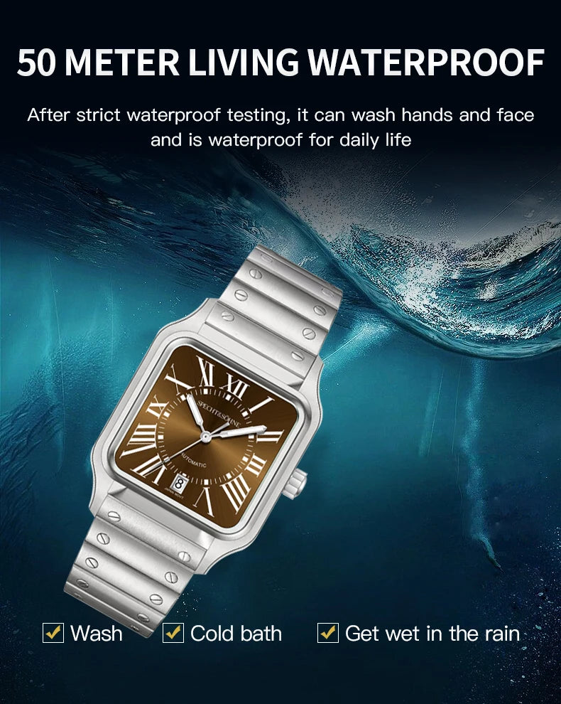 Elegance Redefined — SPECHT&SOHNE SP0011 Rectangular Automatic Fashion Watch, Sapphire Crystal, Stainless Steel [Colour Options]