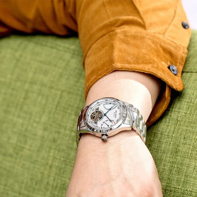 Sea-Gull Flywheel M160S — Skeleton Automatic Watch, Sapphire Crystal, Complete Calendar, Steel Bracelet, 39mm [Dial Options]
