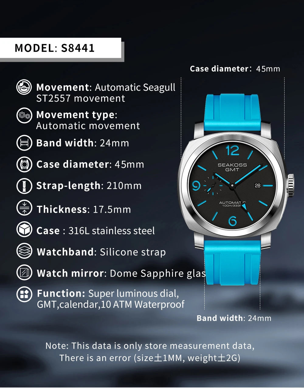 Stand Out SEAKOSS GMT Super Luminous Diving Automatic Mechanical Watch Men 10ATM 1963 Seagull ST2557 Movement Calendar Sapphire Wristwatch [Colour Choices)