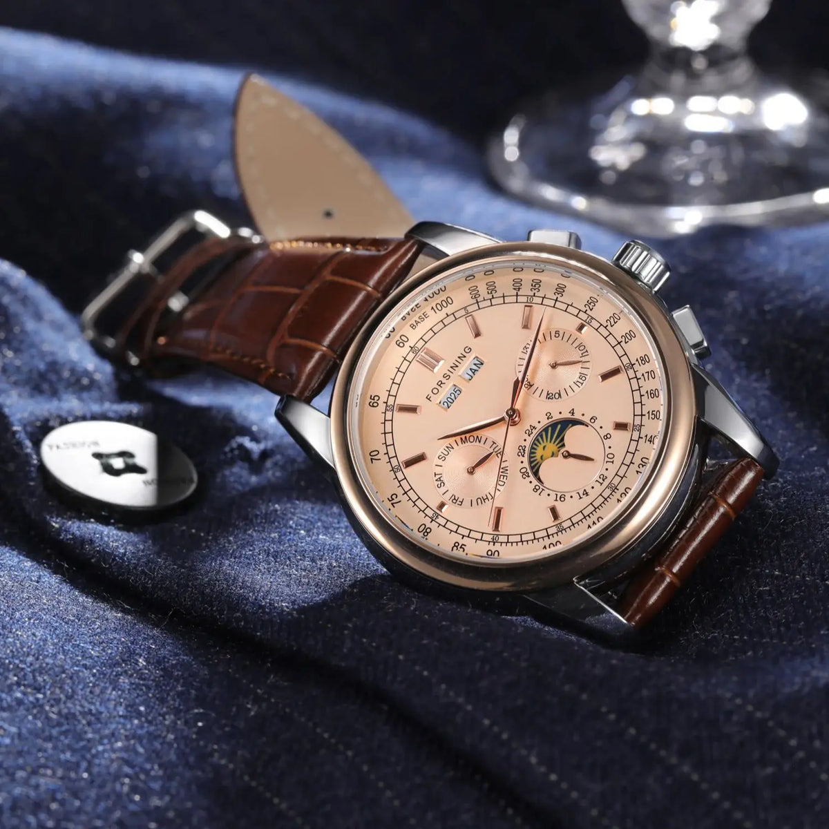 Forsining FS 177 — Retro Moon Phase Automatic Watch, Rose Gold Case, Brown Leather Strap, Self-Winding Movement