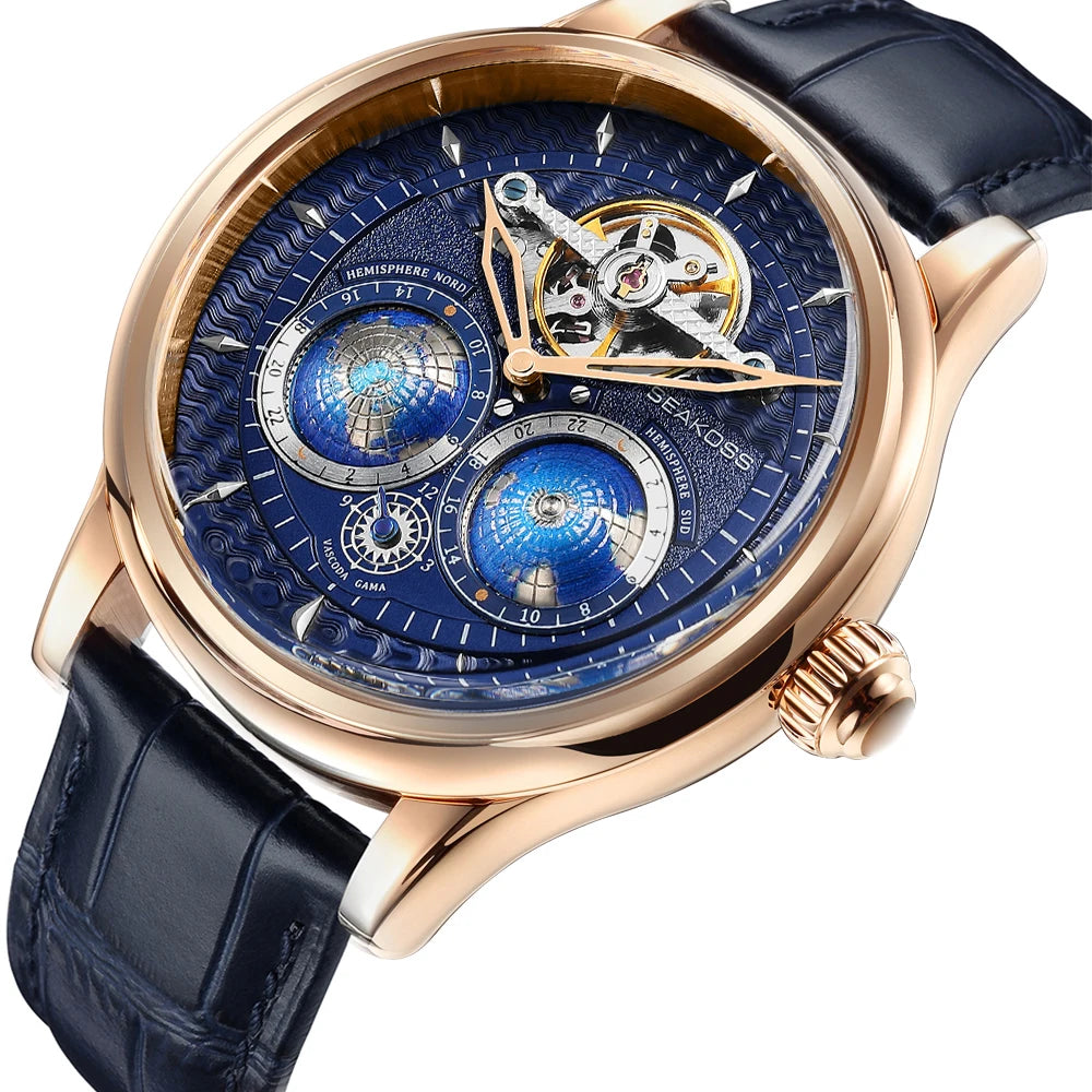 SEAKOSS Pilot Watch — Double Earth Rotating Automatic, Effortlessly Eye-Catching with Leather Strap [Colour Options]