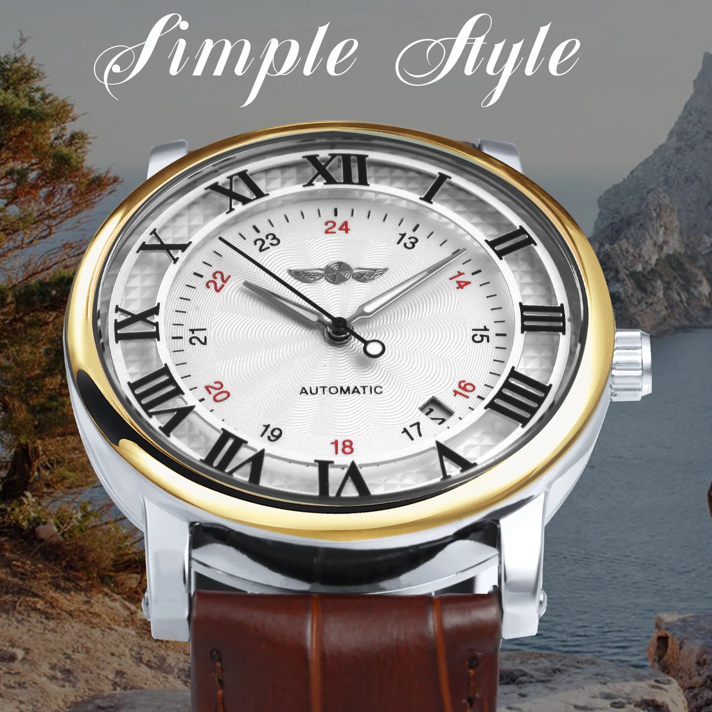 Classic Airship Style Automatic Fashion Watch — Brown Leather Strap, Minimalist Dial
