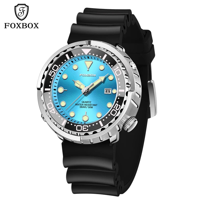 FOXBOX Shrouded Dive Watch — 50m Water Resistant, Auto Date, Luminous [Silicone & Metal Strap / Colour Options]