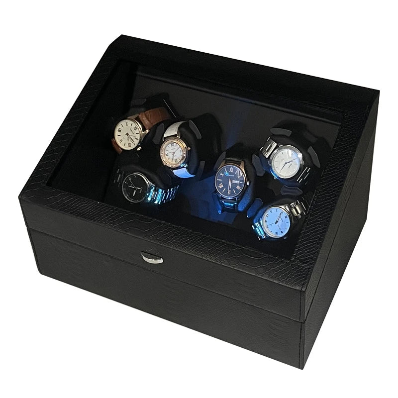 A Home Fit for a Collection — 6-Watch USB Winder, PU Leather Rotating Display USB Power