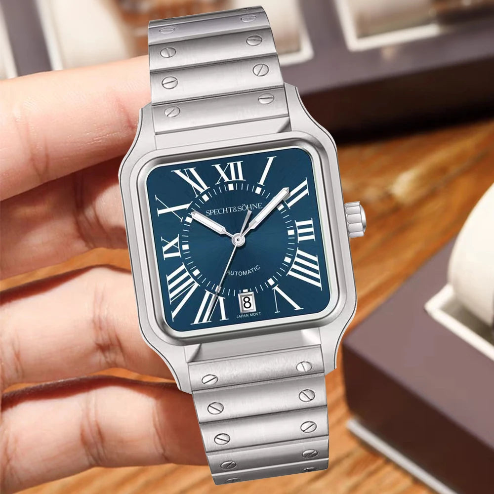 Elegance Redefined — SPECHT&SOHNE SP0011 Rectangular Automatic Fashion Watch, Sapphire Crystal, Stainless Steel [Colour Options]