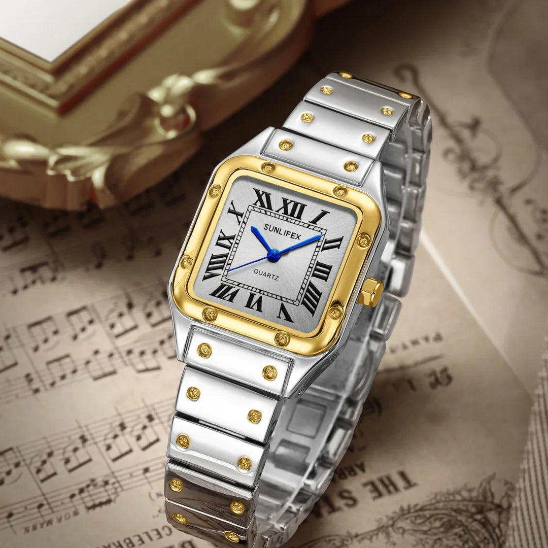 Chic Square Watch — Numberless Dial, Minimalist Ladies Quartz Watch, Metal Strap [Colour & Dial Options]