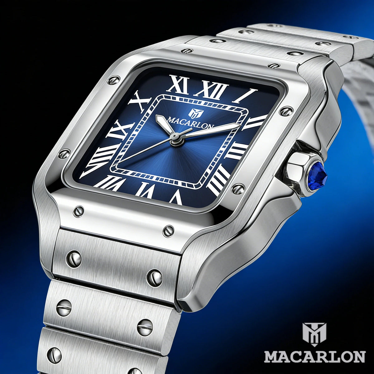 Classic Reimagined — MACARLON 1715 Square Automatic Fashion Watch, Sapphire Crystal, Stainless Steel