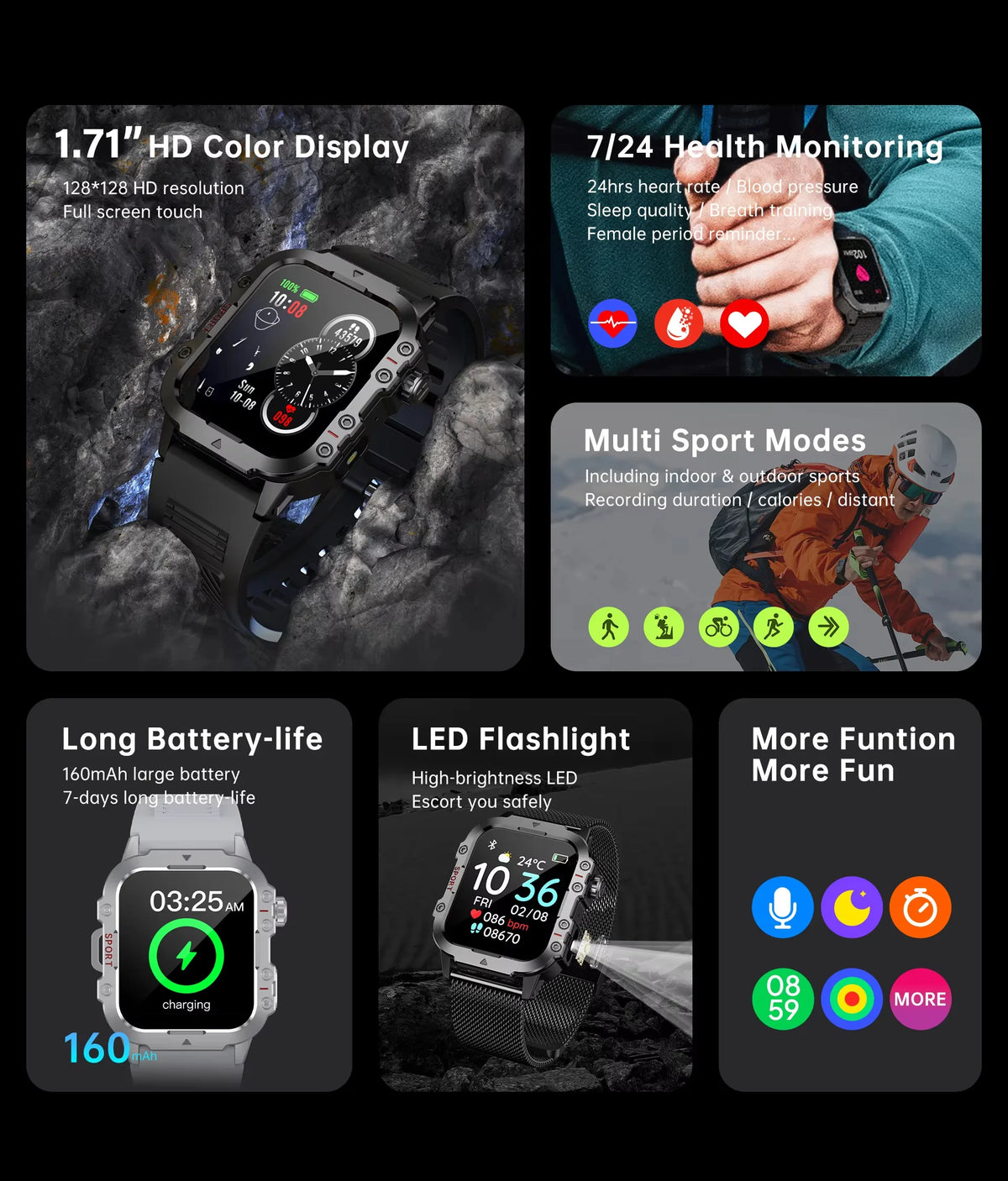 G.L Wear Smartwatch — Heart Rate, O2 & Sleep Monitor, Bluetooth Calling, LED Torch / Flashlight [Colour Options]