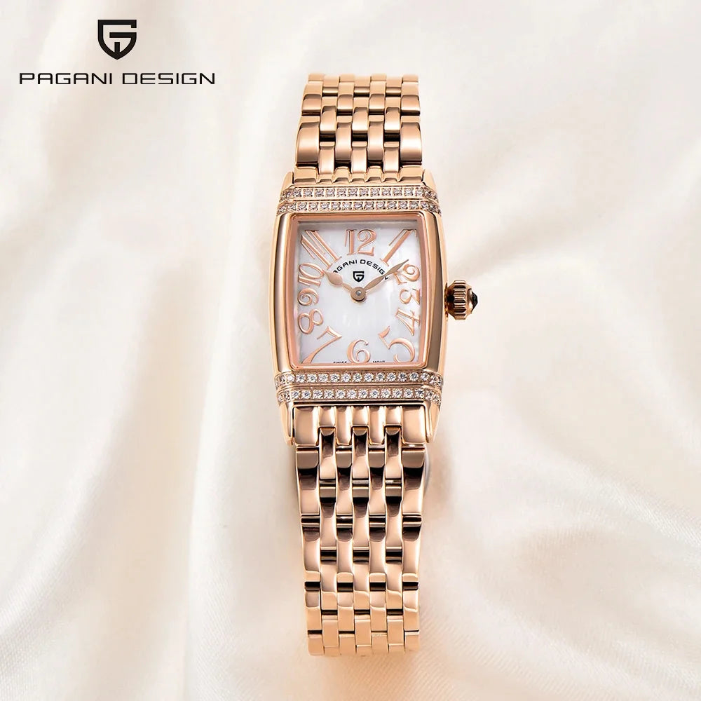 Stunning Pagani Design PD-1737L — Women's Rectangle Watch, Stone-Set Case, Swiss Ronda Movement [Rose Gold / Silver Colour Options]