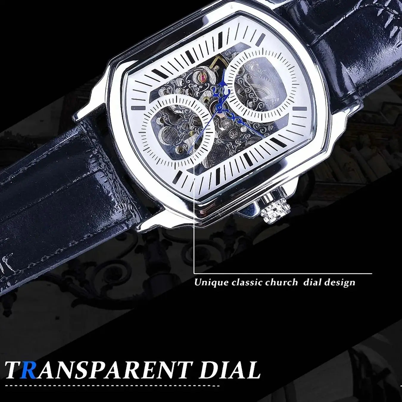 Bold Rectangle Skeleton Automatic Watch — Exhibition Case Back, Silver & White Dial