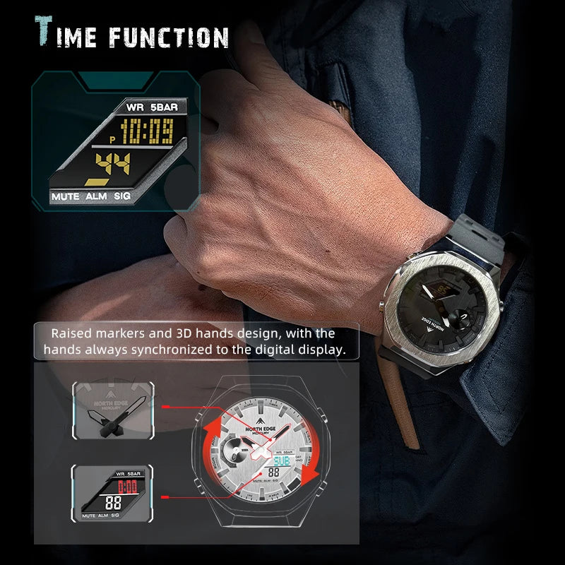 NORTH EDGE MERCURY Analog-Digital Sports Watch: World Time, Stopwatch, 5 Alarms, LED Backlight, 50m [Colour Options]