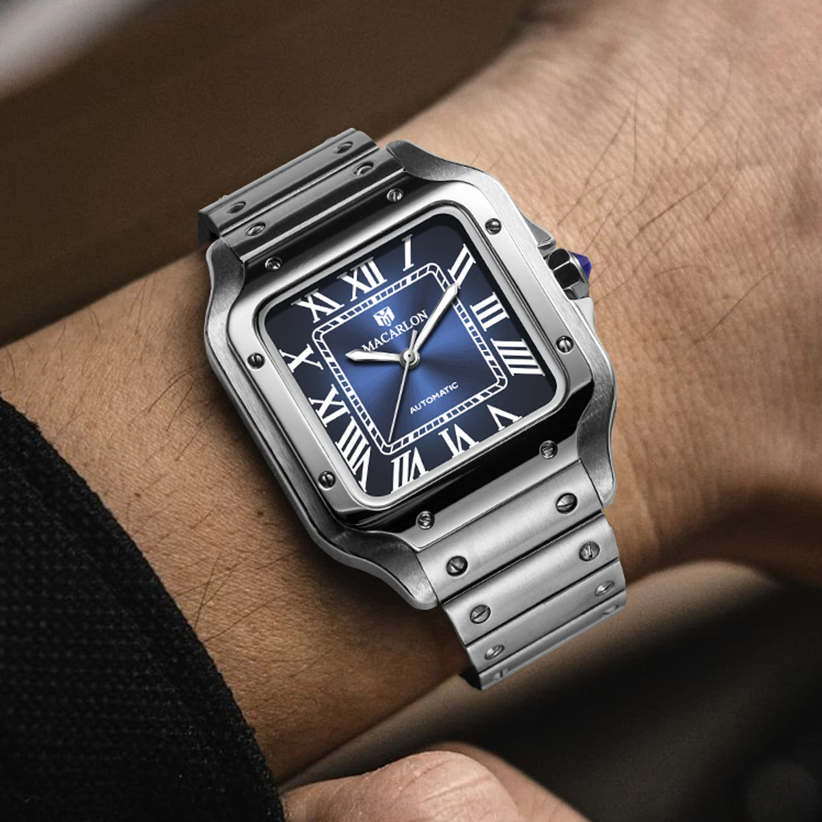 Classic Reimagined — MACARLON 1715 Square Automatic Fashion Watch, Sapphire Crystal, Stainless Steel