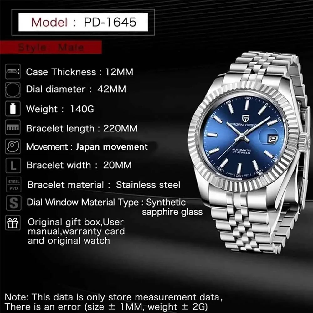 Pagani Design PD-1645 — Fluted Bezel Automatic Watch, Jubilee Bracelet, 100M Water Resistant [Multiple Colour / Dial Options]