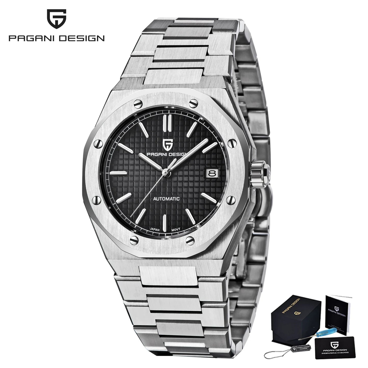 Pagani Design PD-1673 — Automatic Waffle Dial Fashion Watch, Octagonal Bezel, Integrated Bracelet