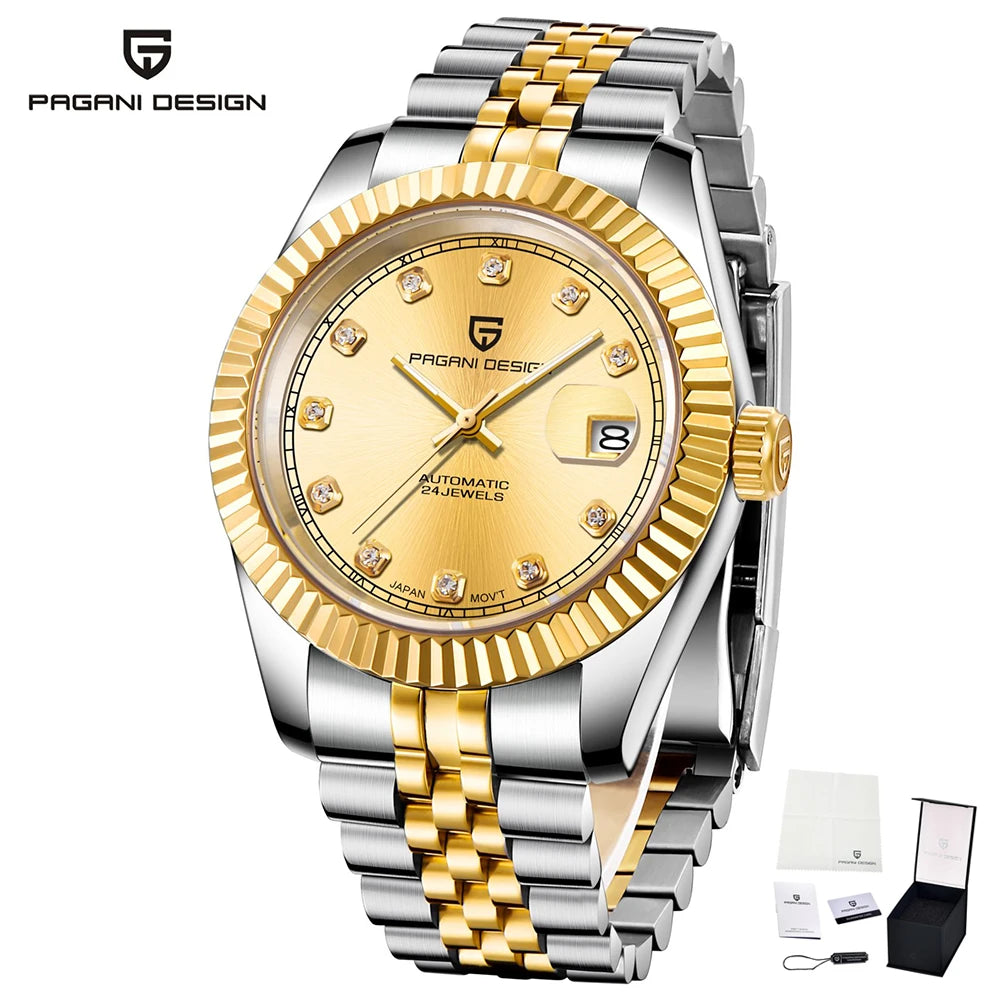 Pagani Design PD-1645 — Fluted Bezel Automatic Watch, Jubilee Bracelet, 100M Water Resistant [Multiple Colour / Dial Options]