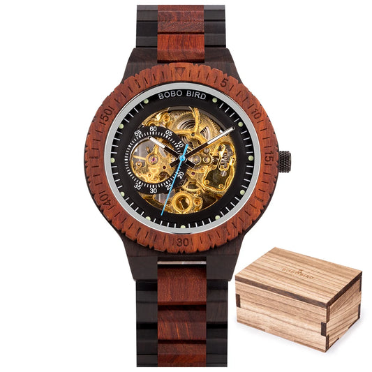 BOBO BIRD Wooden Skeleton Watch – Automatic Mechanical Men's Watch, Genuine Wood Case & Strap, Gift Box Included – The Natural Choice