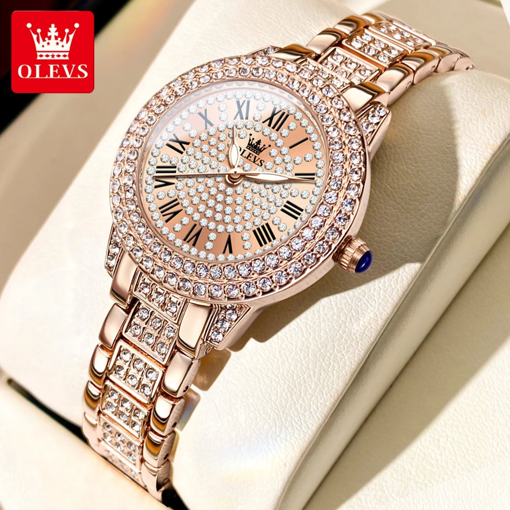 Striking OLEVS Roman Dial Watch — Sparkling Crystal Accents, Luminous Hands, Ladies Quartz Watch