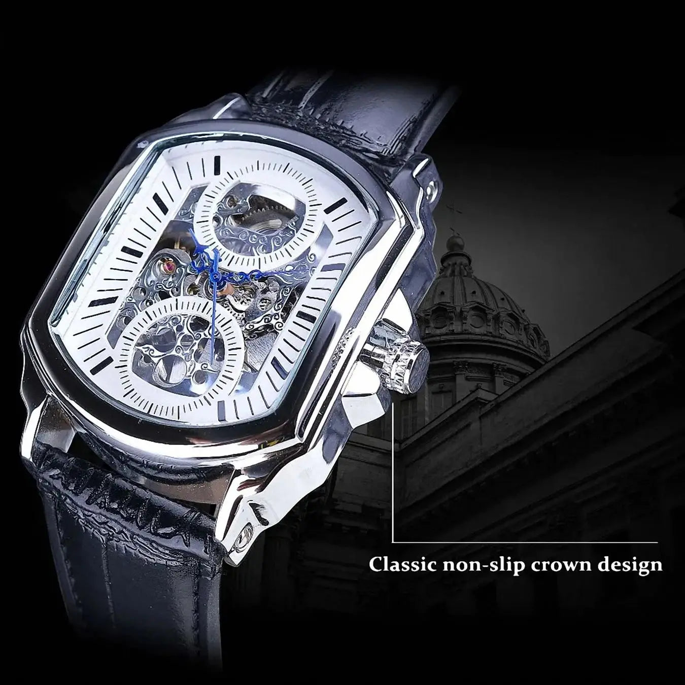 Bold Rectangle Skeleton Automatic Watch — Exhibition Case Back, Silver & White Dial