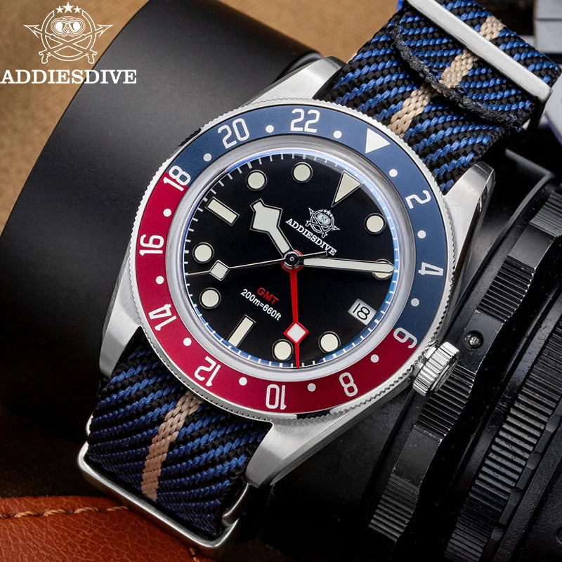 Real GMT, Real Depth — Stunning Looking ADDIESDIVE 200m Diver Watch, Screw-Down Crown [Strap and Dial Options]