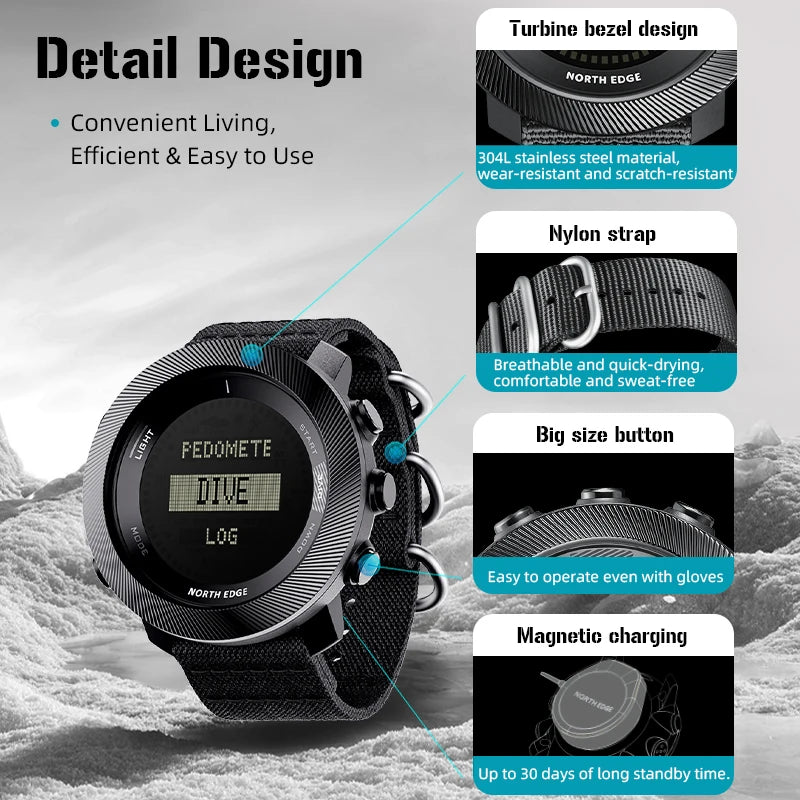 Mens NORTH EDGE APACHE-D Freedive Watch — Compass, Altimeter & Barometer, Built for Life [Colour Options]
