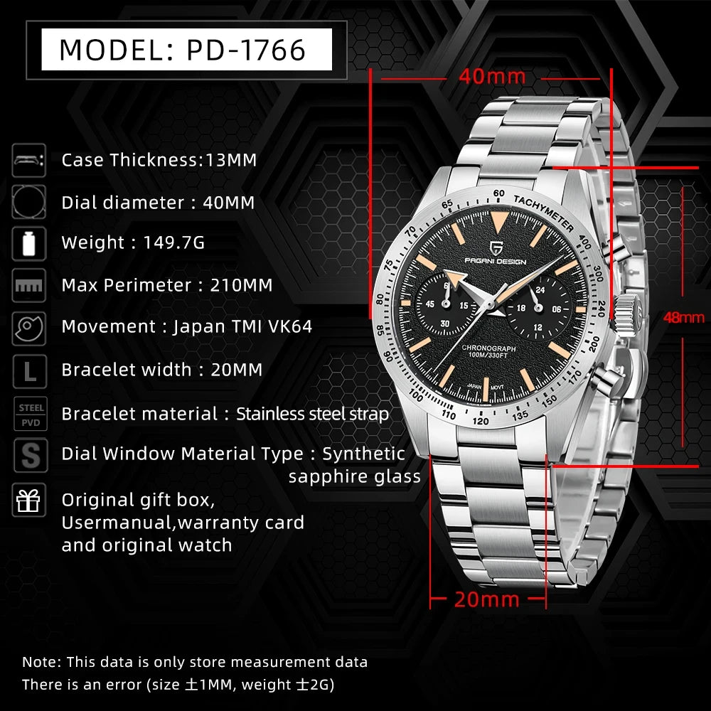 Retro Racing Charm — PAGANI DESIGN PD-1766 Speed Chronograph, Sapphire Crystal, 100M Water Resistant