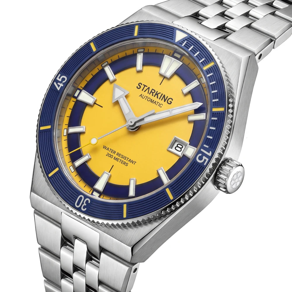 STARKING automatic dive watch, blue and yellow dial, unidirectional bezel, stainless steel bracelet