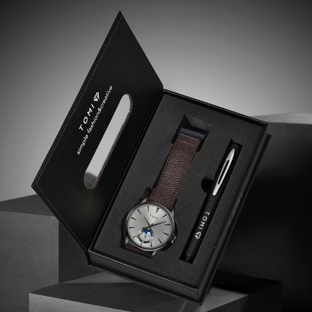 TOMI Men's Watch & Pen Gift Set — Sun & Moon Dial, Business Style, Boxed for Gifting [Colour Options]