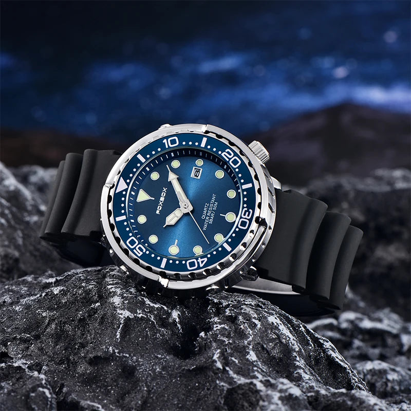 FOXBOX Shrouded Dive Watch — 50m Water Resistant, Auto Date, Luminous [Silicone & Metal Strap / Colour Options]