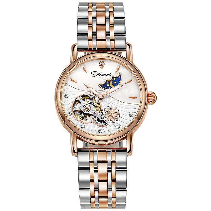 Enchanting Moon Phase Automatic Watch — Open Case Back, Stainless Steel, Ladies Mechanical Watch [Metal & Leather Strap Options]