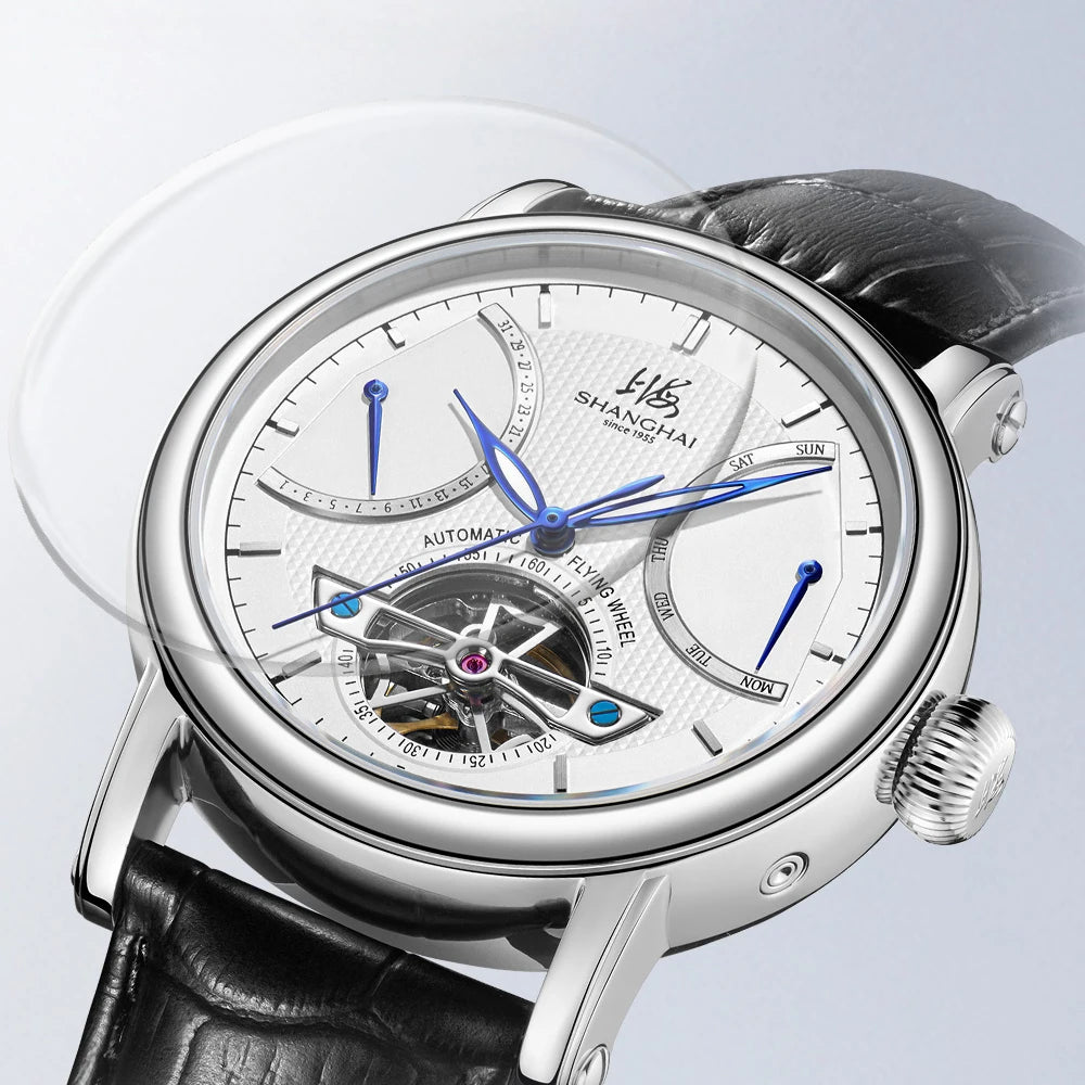 Shanghai S8924 — Guilloché Open-Heart Automatic Watch, Date & Week Display, Seagull ST2504 Movement, Sapphire Crystal, 50M Water Resistant