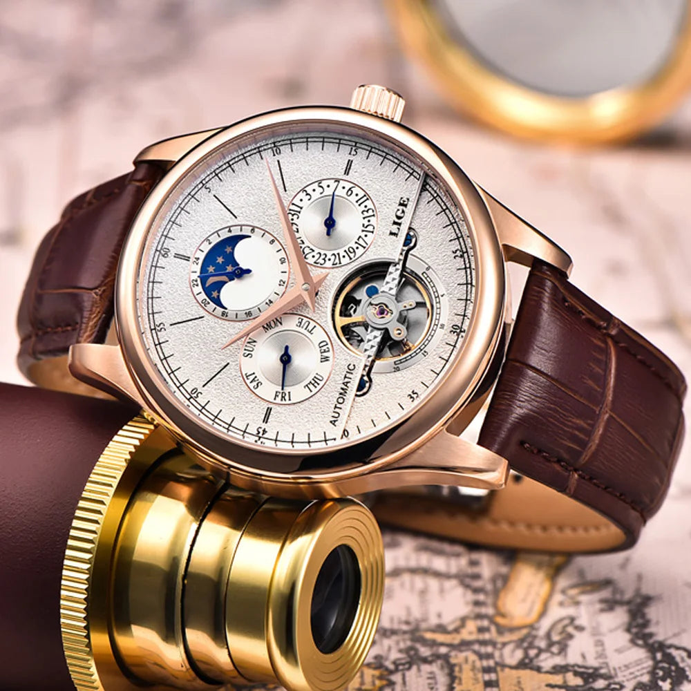 Distinguished LIGE — Automatic Moon Phase Watch, Open Heart Dial, Exhibition Case Back [Dial Colour & Strap Options]