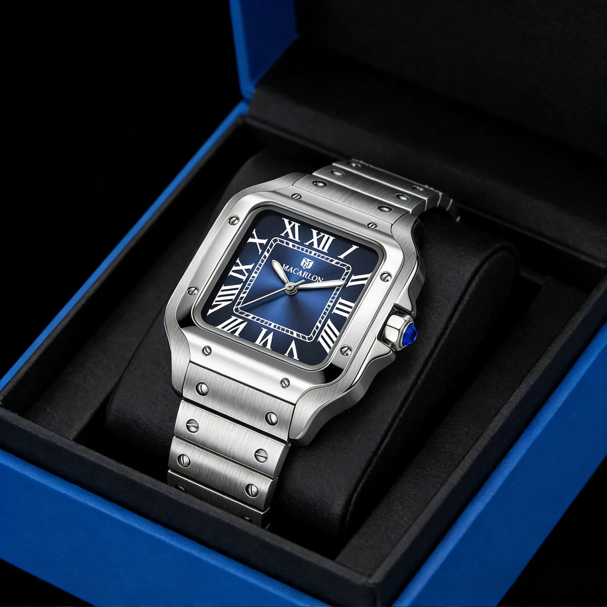 Classic Reimagined — MACARLON 1715 Square Automatic Fashion Watch, Sapphire Crystal, Stainless Steel