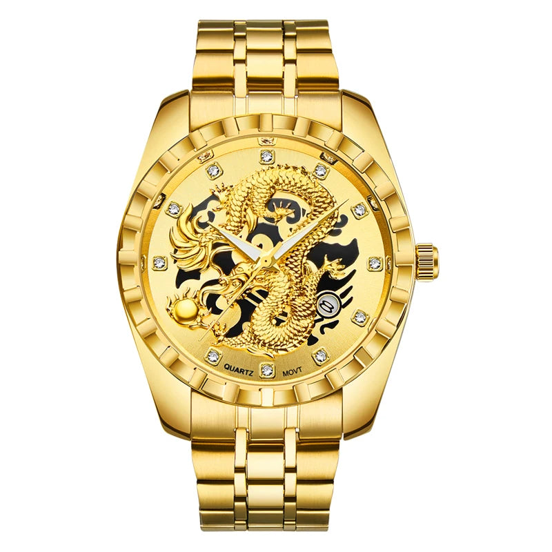 WLISTH 3D Golden Dragon Quartz Watch – Bold Dragon Dial, Stainless Steel Case, Water-Resistant & Luminous – Impossible to Miss
