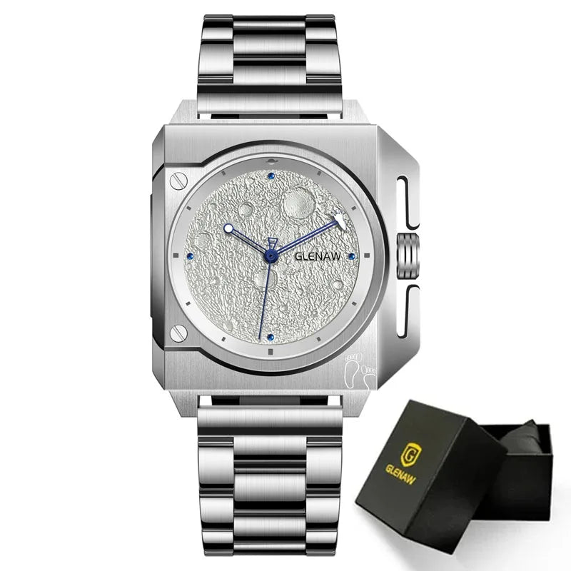 GLENAW GL8655 square automatic watch, silver case and silver dial, steel bracelet, gift box