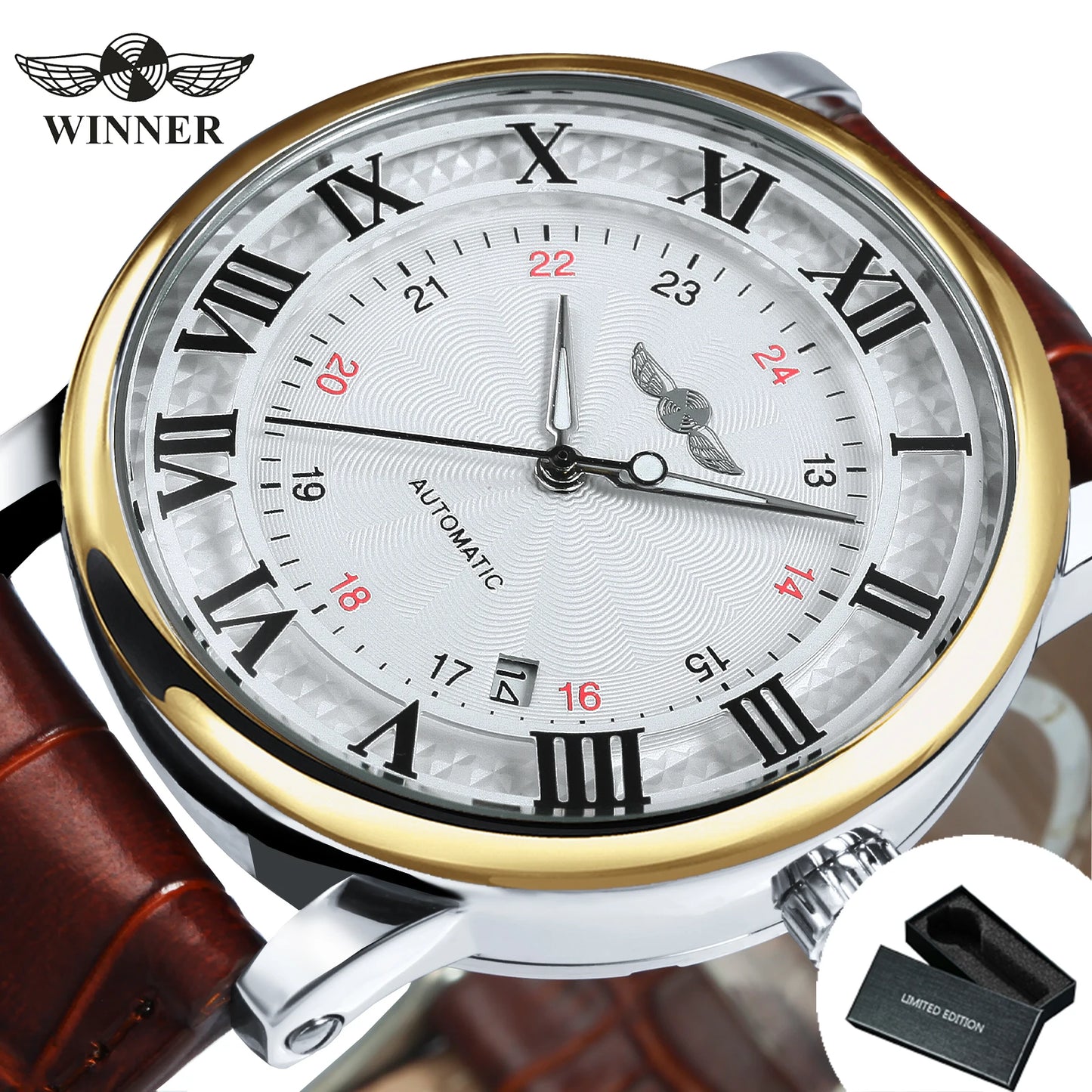 Classic Airship Style Automatic Fashion Watch — Brown Leather Strap, Minimalist Dial
