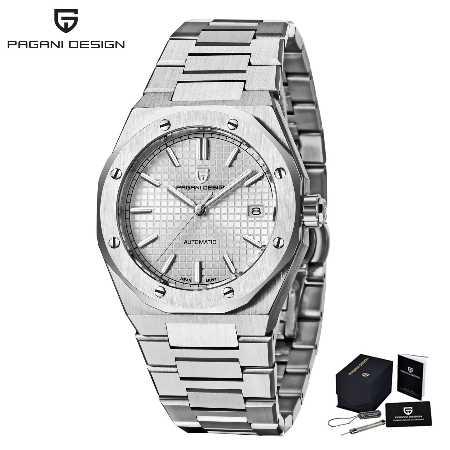 Pagani Design PD-1673 — Automatic Waffle Dial Fashion Watch, Octagonal Bezel, Integrated Bracelet