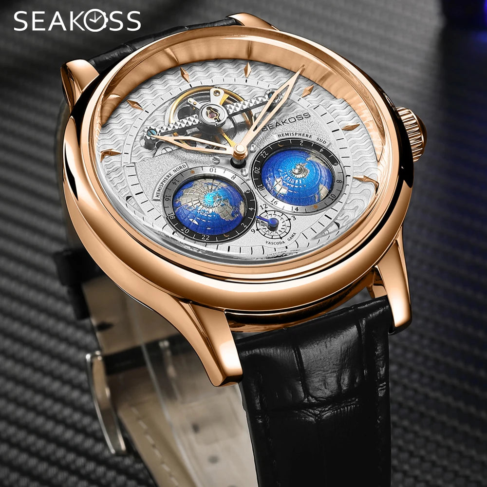 SEAKOSS Pilot Watch — Double Earth Rotating Automatic, Effortlessly Eye-Catching with Leather Strap [Colour Options]
