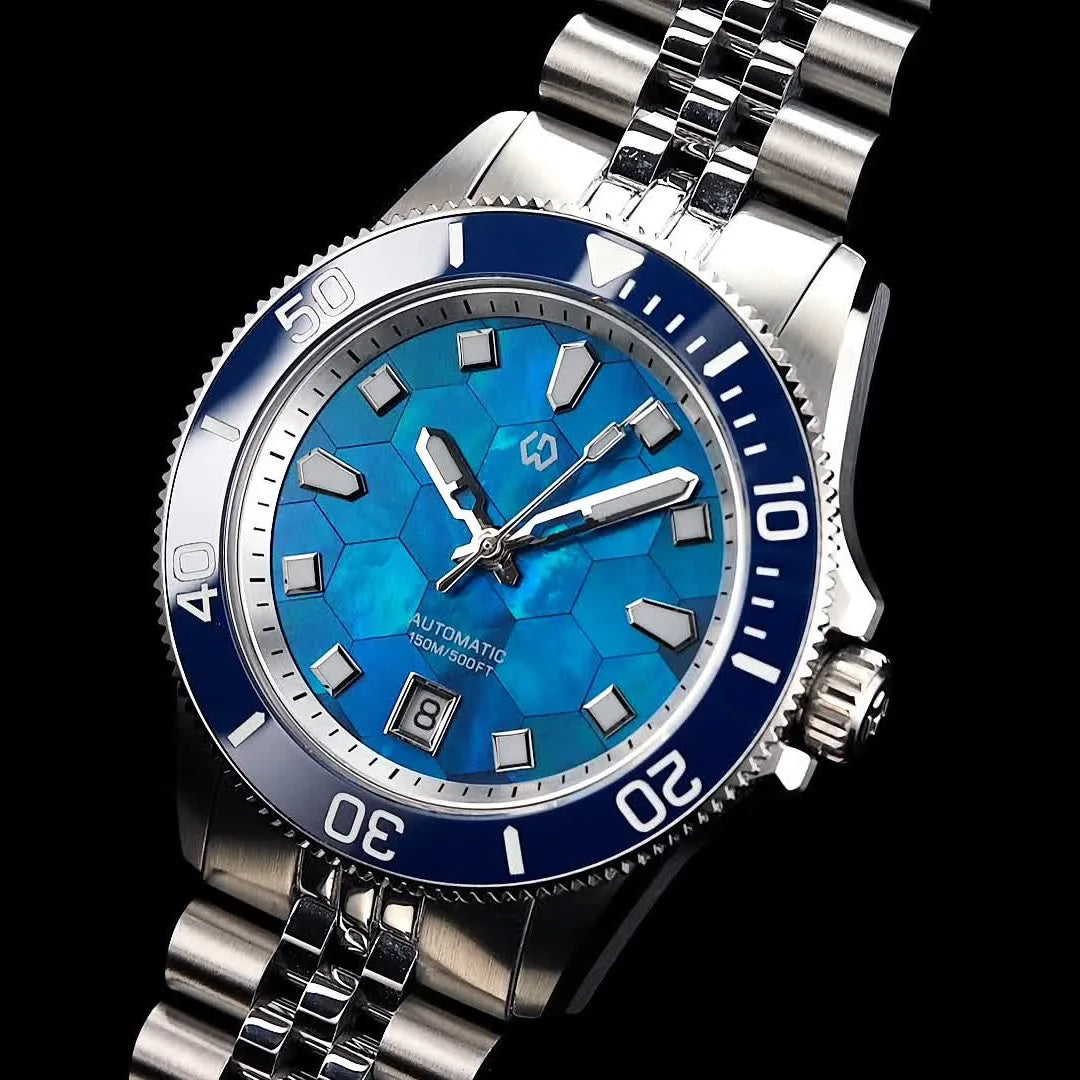 Ocean's Elegance — WISHDOIT MEns Automatic Watch, Stunning Mother of Pearl Dial, Ceramic Bezel [Colour Options]