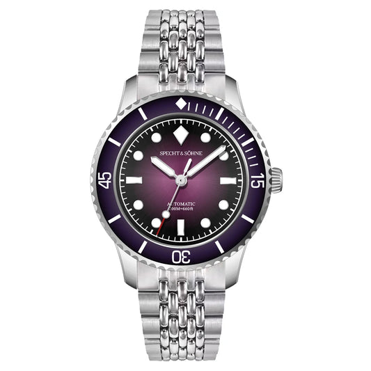 Specht & Söhne SP0033 automatic dive watch, purple dial, domed sapphire crystal, seven-link steel bracelet