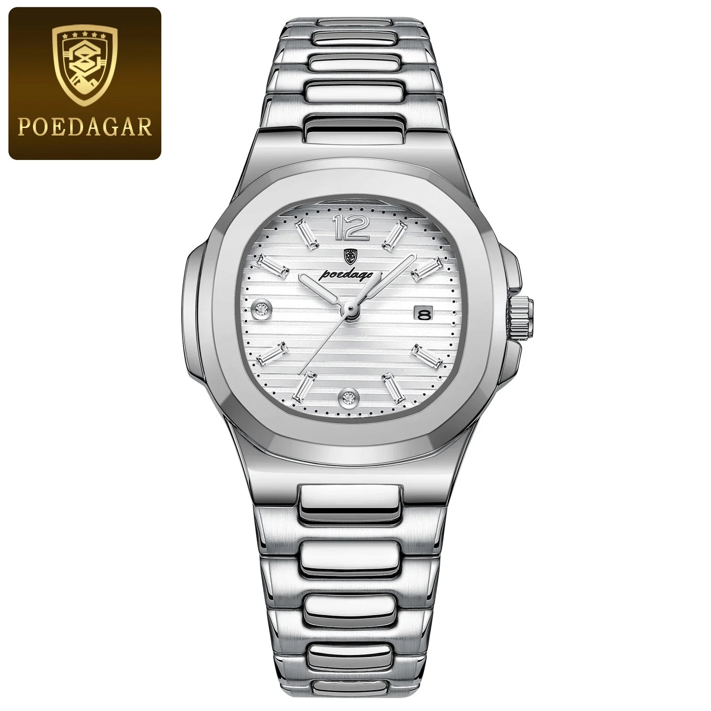 Eye Catching POEDAGAR 789S-WH — Women's Square Watch, Looks Far More Expensive Than Its Price, Luminous & Date [Silver & Rose Gold Options]