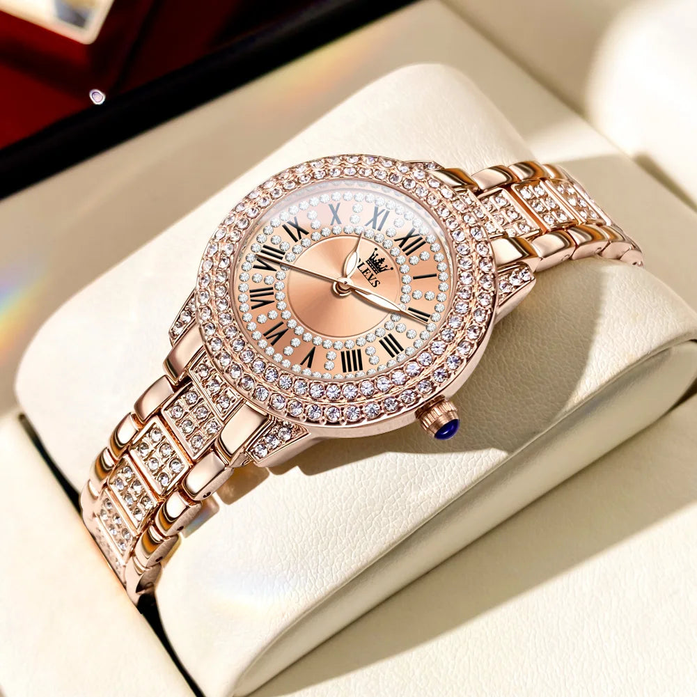 Striking OLEVS Roman Dial Watch — Sparkling Crystal Accents, Luminous Hands, Ladies Quartz Watch